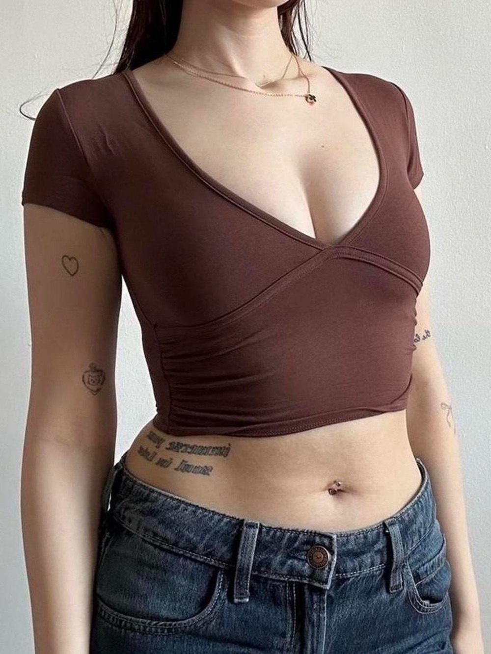 Brown V Neck Garage Crop Top